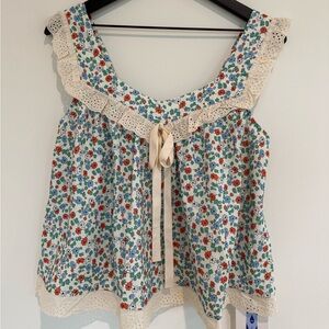 Cider Blue and Red Ruffled Tie Front Blouse Lace size Large